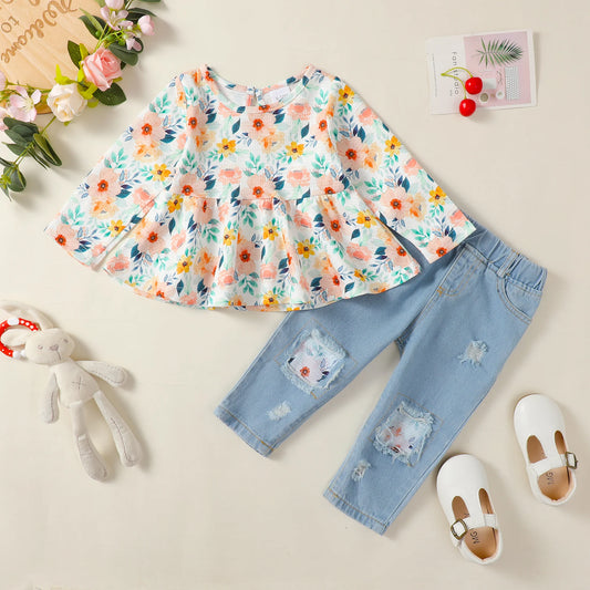 Floral Peplum Top & Distressed Denim Set for Girls