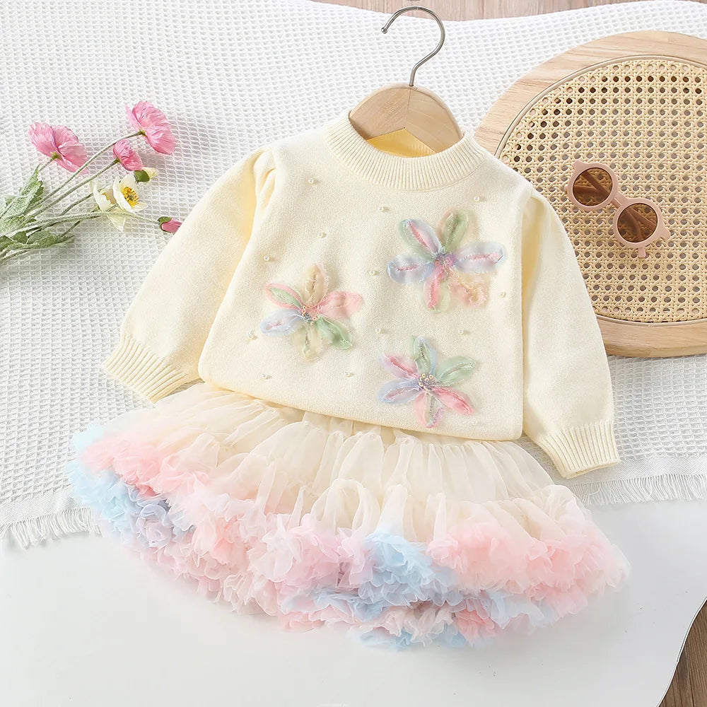 Pastel Petal Knit Sweater & Ruffle Tutu Skirt Set for Girls