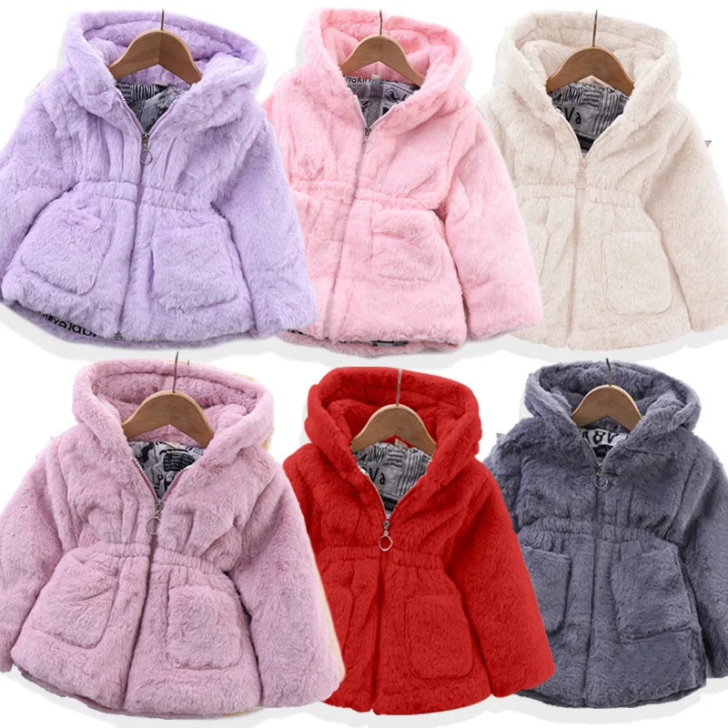 Baby Girls Sherpa Hooded Winter Coat with Pockets – Soft Plush Zip-Up Jacket