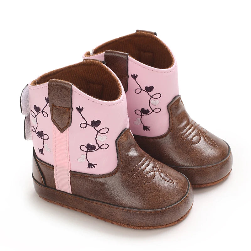 Western Floral Embroidered Baby Cowboy Boots with Soft Cotton Soles