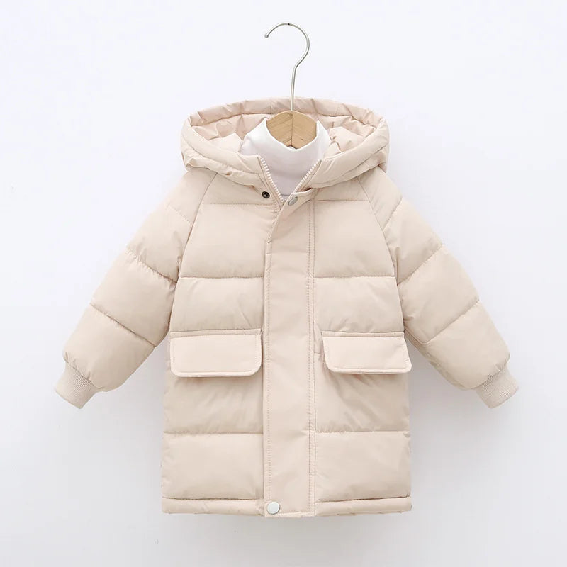 Hooded Winter Puffer Coat for Kids – Warm, Wind-Resistant Long Jacket