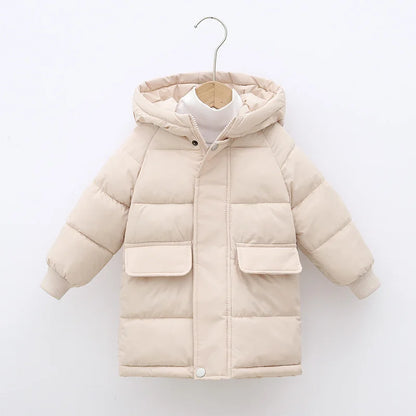 Hooded Winter Puffer Coat for Kids – Warm, Wind-Resistant Long Jacket