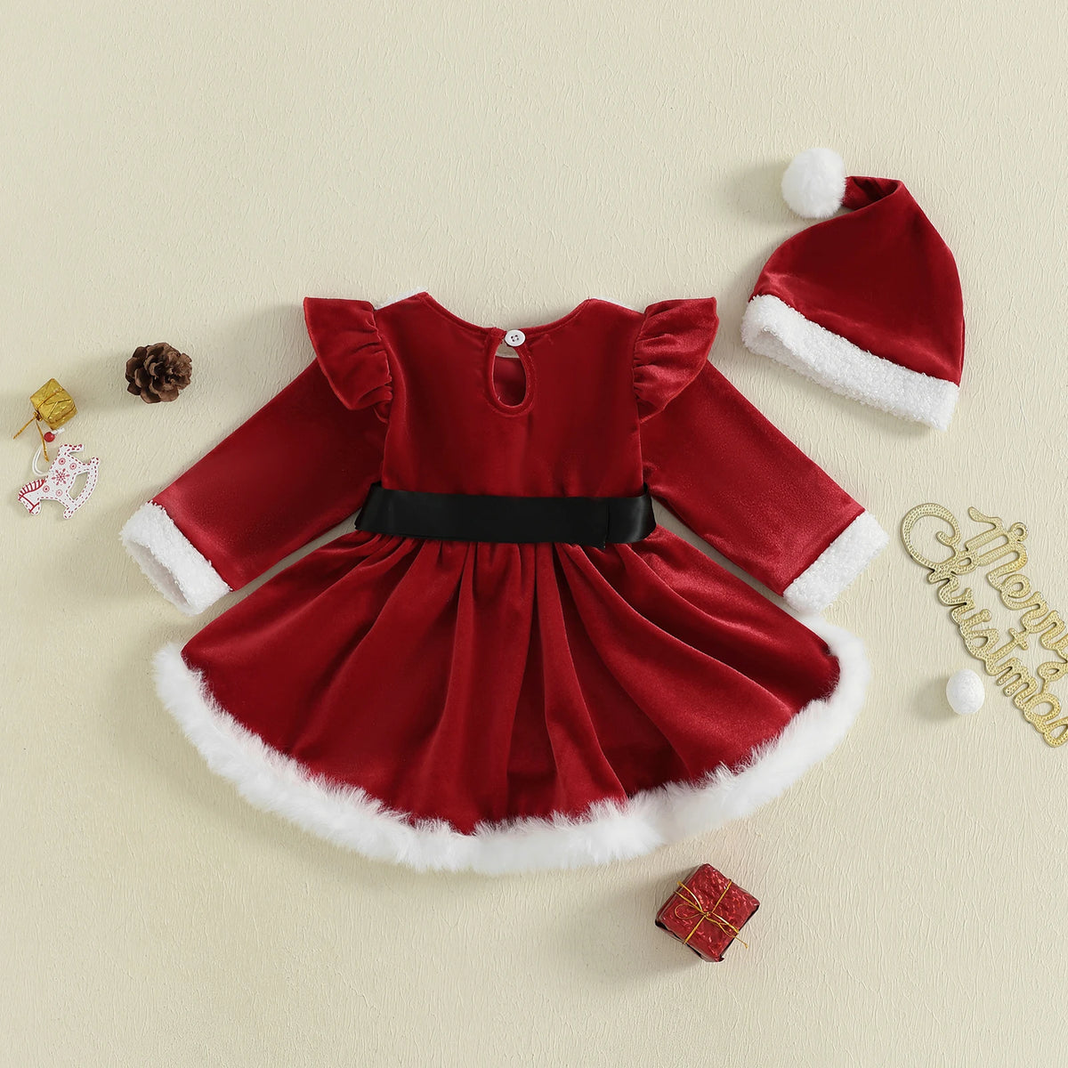 Santa Romper Dress & Hat Christmas Set for Baby Girls