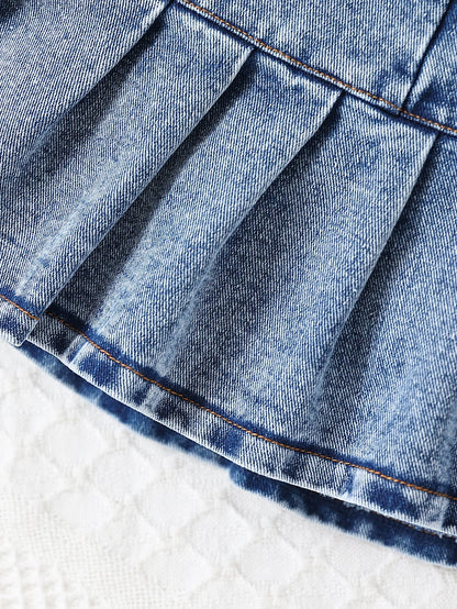 Pleated Denim Skirt & Cropped Jacket 3-Piece Outfit for Girls