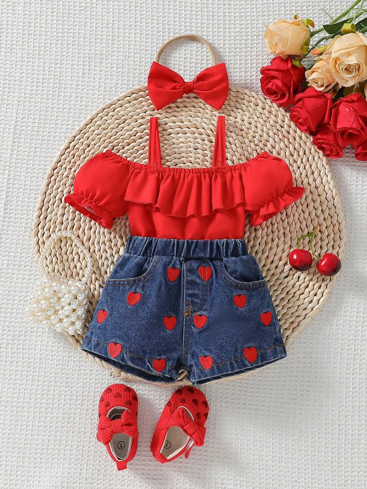 Heart & Ruffle Girls’ Summer Top and Denim Shorts Set
