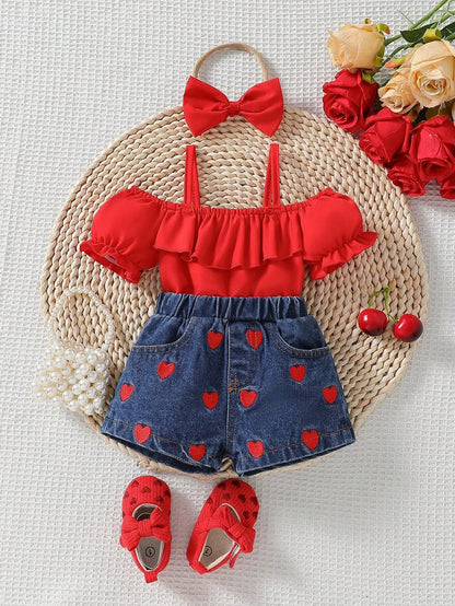 Heart & Ruffle Girls’ Summer Top and Denim Shorts Set