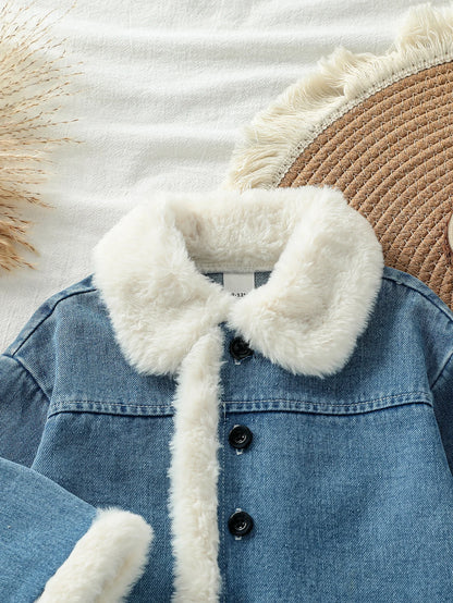 Baby Girl Fleece-Lined Denim Jacket with Button Front – Cozy Winter Coat (6 Months–3 Years)