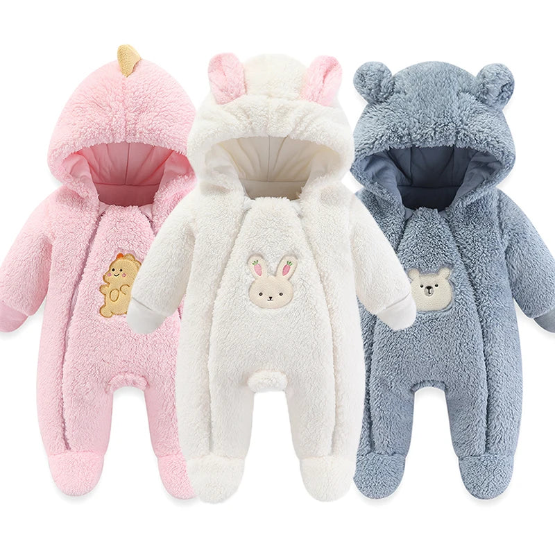 Cozy Critter Winter Romper – Hooded Plush Jumpsuit (0–12 Months)