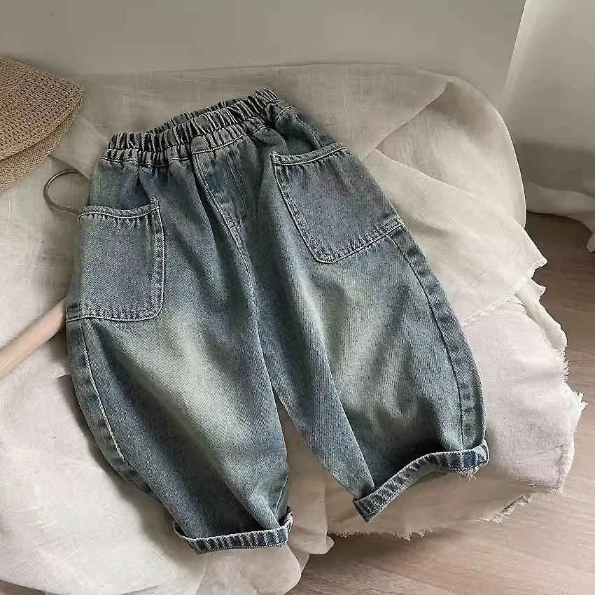 Washed Patch-Pocket Loose Jeans for Boys