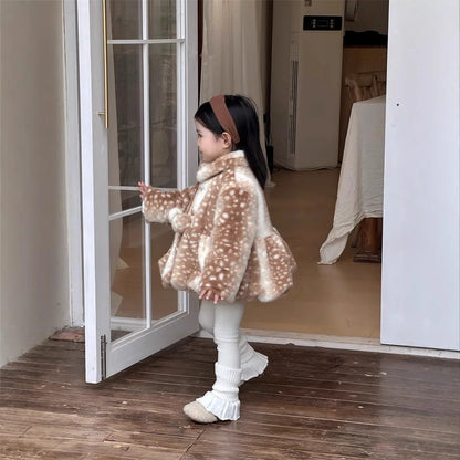 Deer Print Plush Winter Coat for Girls with Pom-Pom Ties