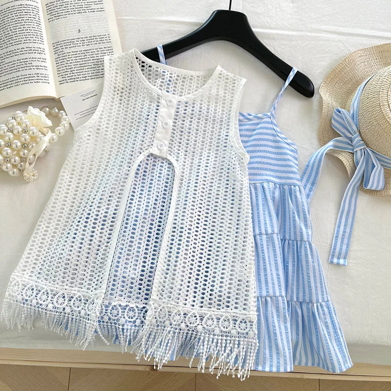 Blue Striped Tiered Dress & Crochet Vest Set for Girls
