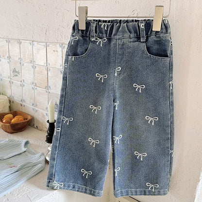 Allover Bow Print Wide-Leg Girls’ Denim Pants