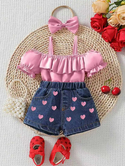 Heart & Ruffle Girls’ Summer Top and Denim Shorts Set