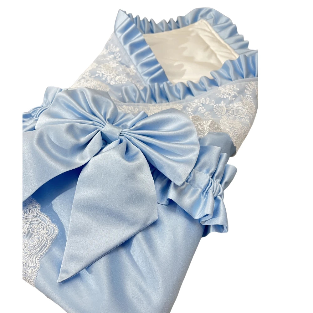 Lace-Trim Satin Baby Swaddle Blanket with Floral Bow