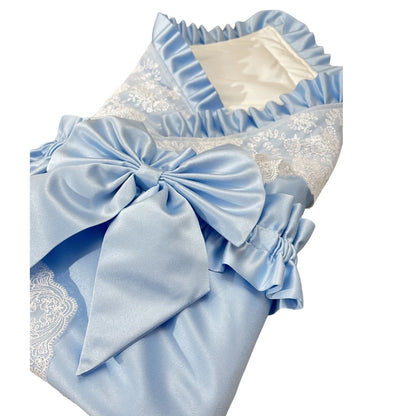 Lace-Trim Satin Baby Swaddle Blanket with Floral Bow