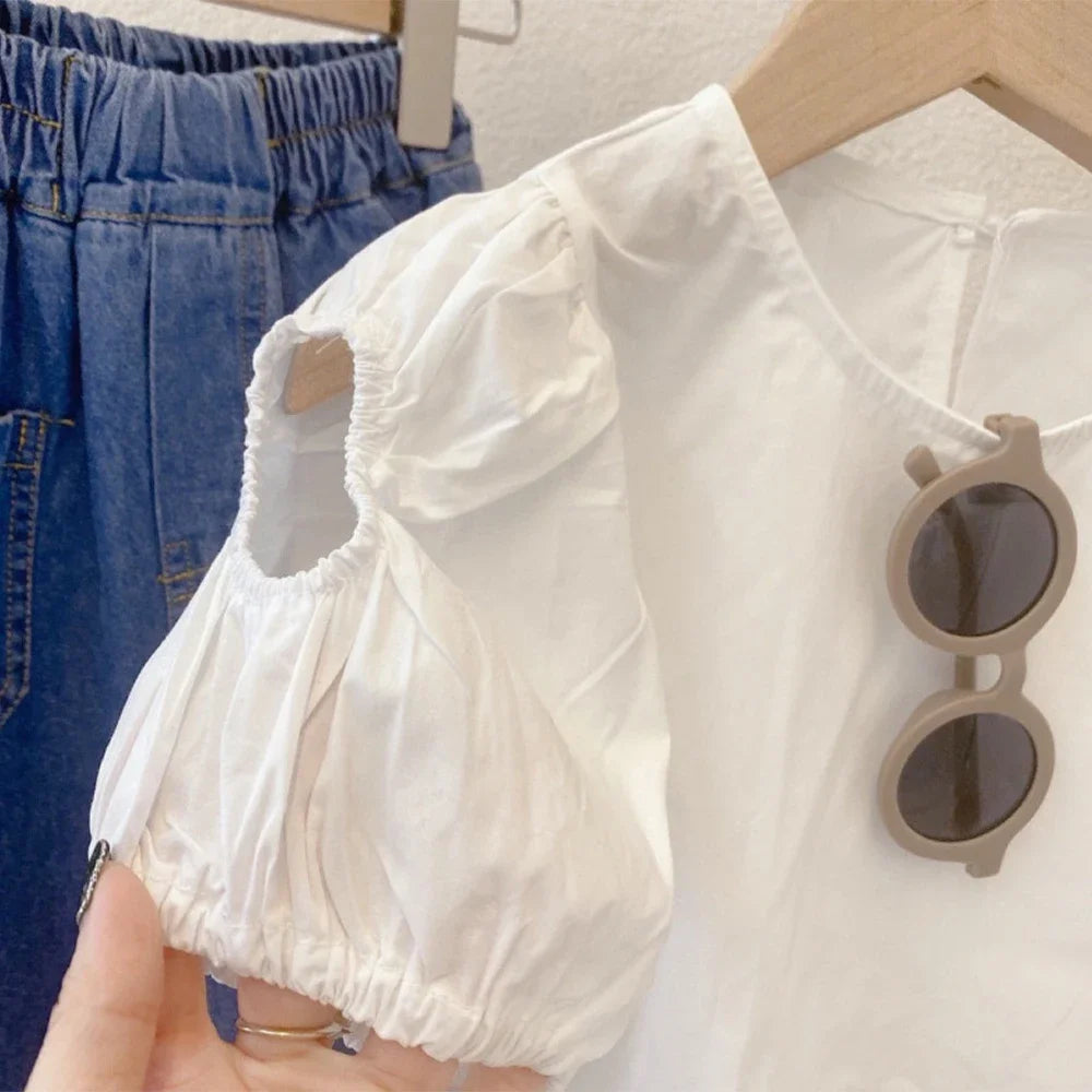 Ruched Denim Vest, Puff-Sleeve Top & Wide-Leg Jeans Set for Girls