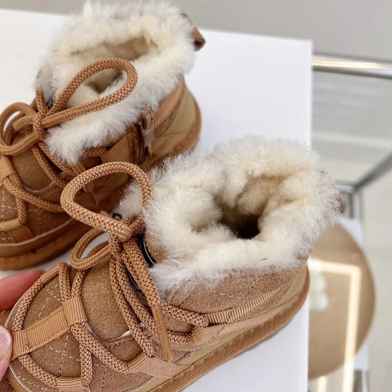 Fluffy-Collar Lace-Up Winter Ankle Boots for Kids