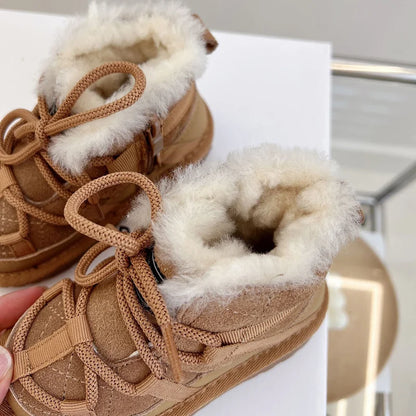 Fluffy-Collar Lace-Up Winter Ankle Boots for Kids