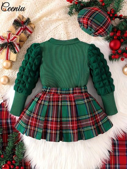 Festive Plaid Skirt & Textured Sleeve Christmas Outfit Set for Baby Girls