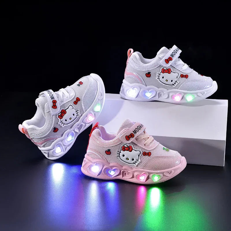 Girls' Heart LED Light-Up Sneakers with Cartoon Graphic | Breathable Low-Top Kids Shoes