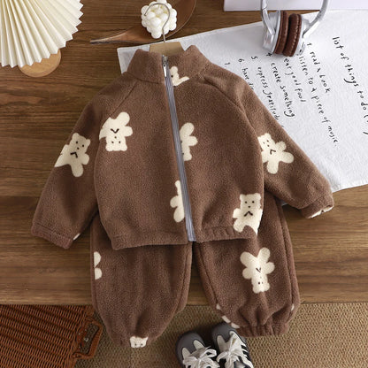 Cozy Fleece Two-Piece Lounge Set for Babies & Toddlers – Plush Cartoon Top + Matching Pants