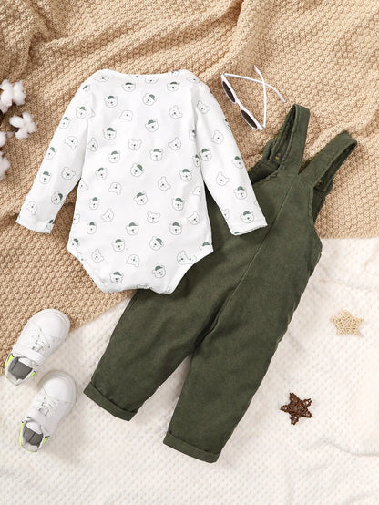 Bear Print Bodysuit & Ribbed Overalls Set
