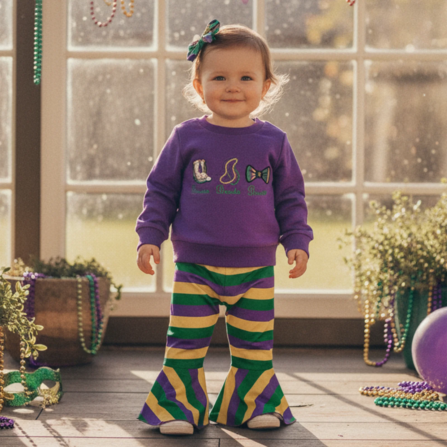 Embroidered Sweatshirt & Striped Flare Pants Set for Girls
