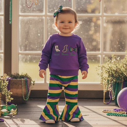 Embroidered Sweatshirt & Striped Flare Pants Set for Girls