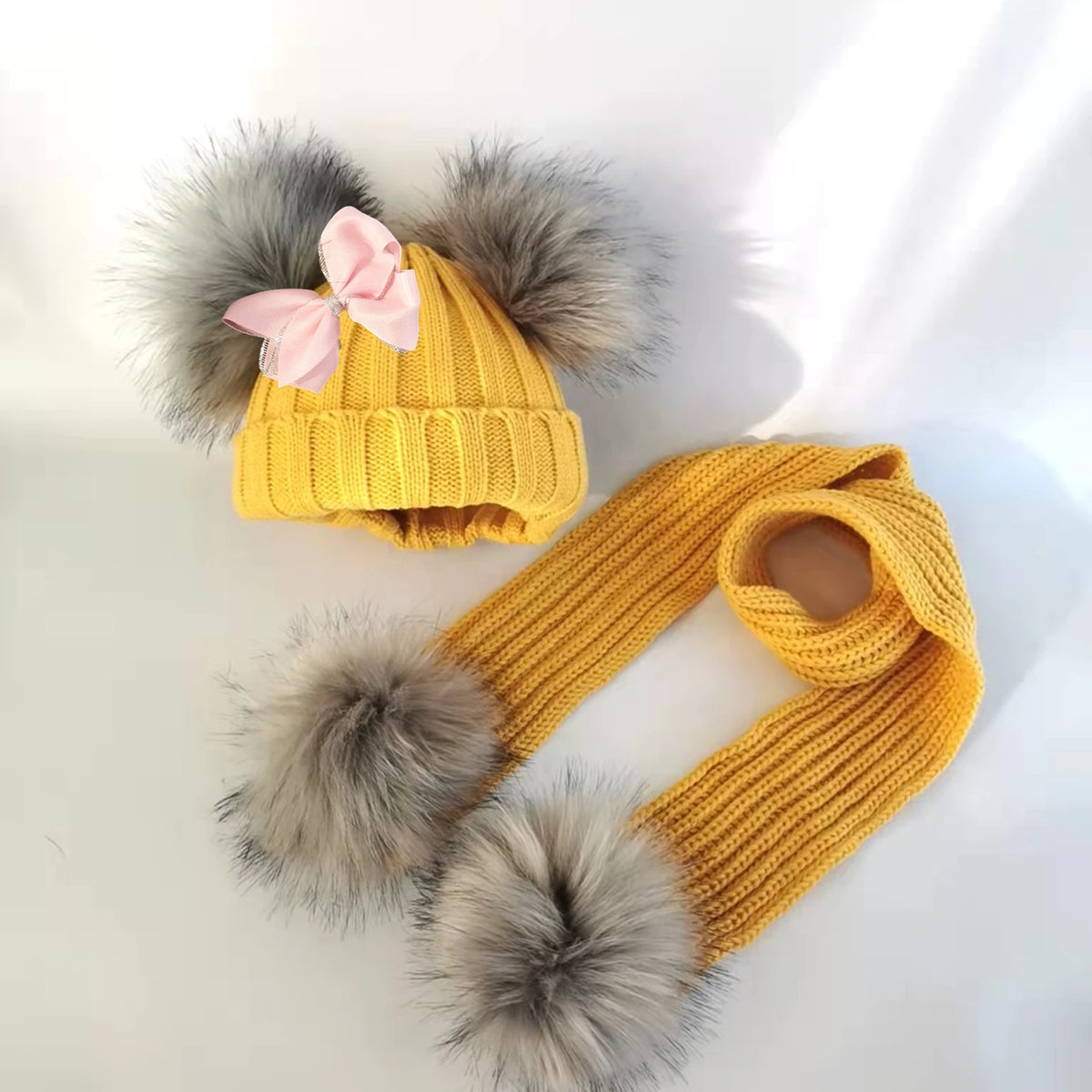 Double Pom Knit Beanie & Scarf Set with Bow