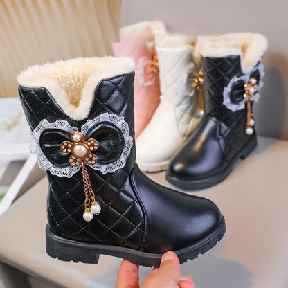 Quilted Bow Plush-Lined Ankle Boots for Girls