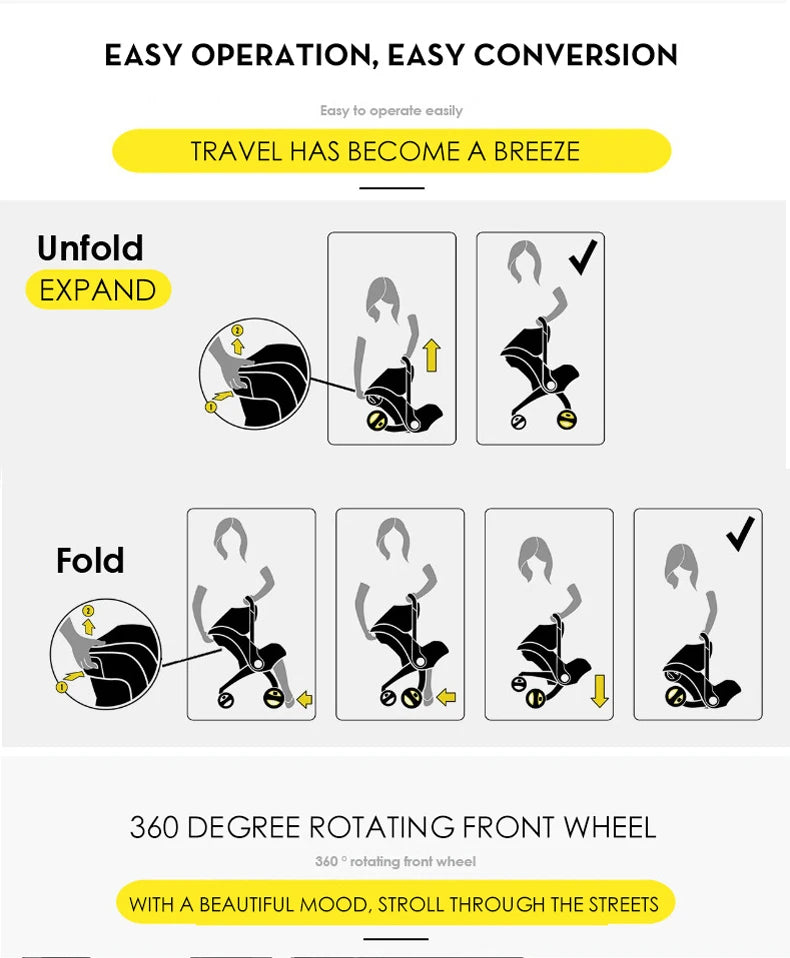 Car Seat Stroller Hybrid – 3-in-1 Infant Travel System with One-Click Wheels