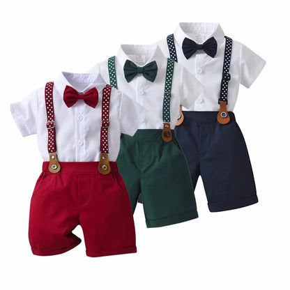 4-Piece Boys Formal Set – Bow Tie Shirt, Star Suspenders & Shorts for Weddings