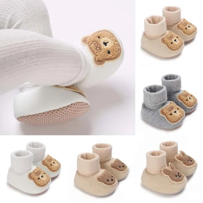 Baby Winter Moccasin Socks – Soft First Walker Booties with Teddy Bear Detail (0–12 Months)