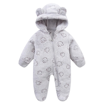Plush Hooded Baby Jumpsuit – Cozy Flannel One-Piece with Bear Ears (0–12 Months)