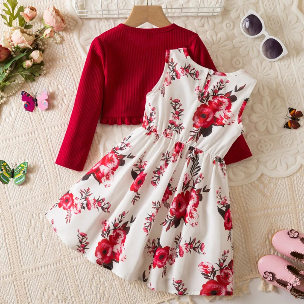 Floral Bow Dress & Ruffle-Trim Cardigan Set for Girls
