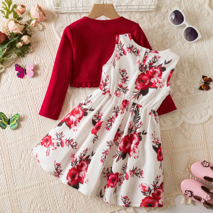 Floral Bow Dress & Ruffle-Trim Cardigan Set for Girls