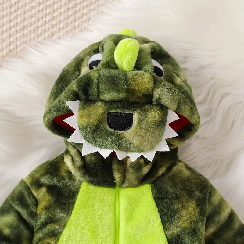 Plush Dinosaur Baby Romper with Hood & Matching Sock Covers