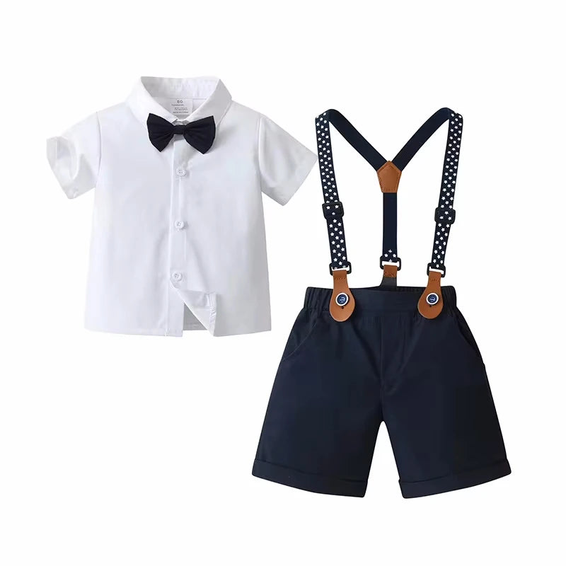 4-Piece Boys Formal Set – Bow Tie Shirt, Star Suspenders & Shorts for Weddings