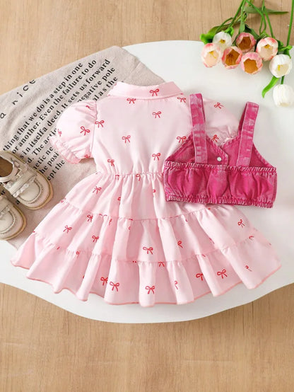 Bow-Print Tiered Dress & Cropped Denim-Look Vest Set for Baby Girls