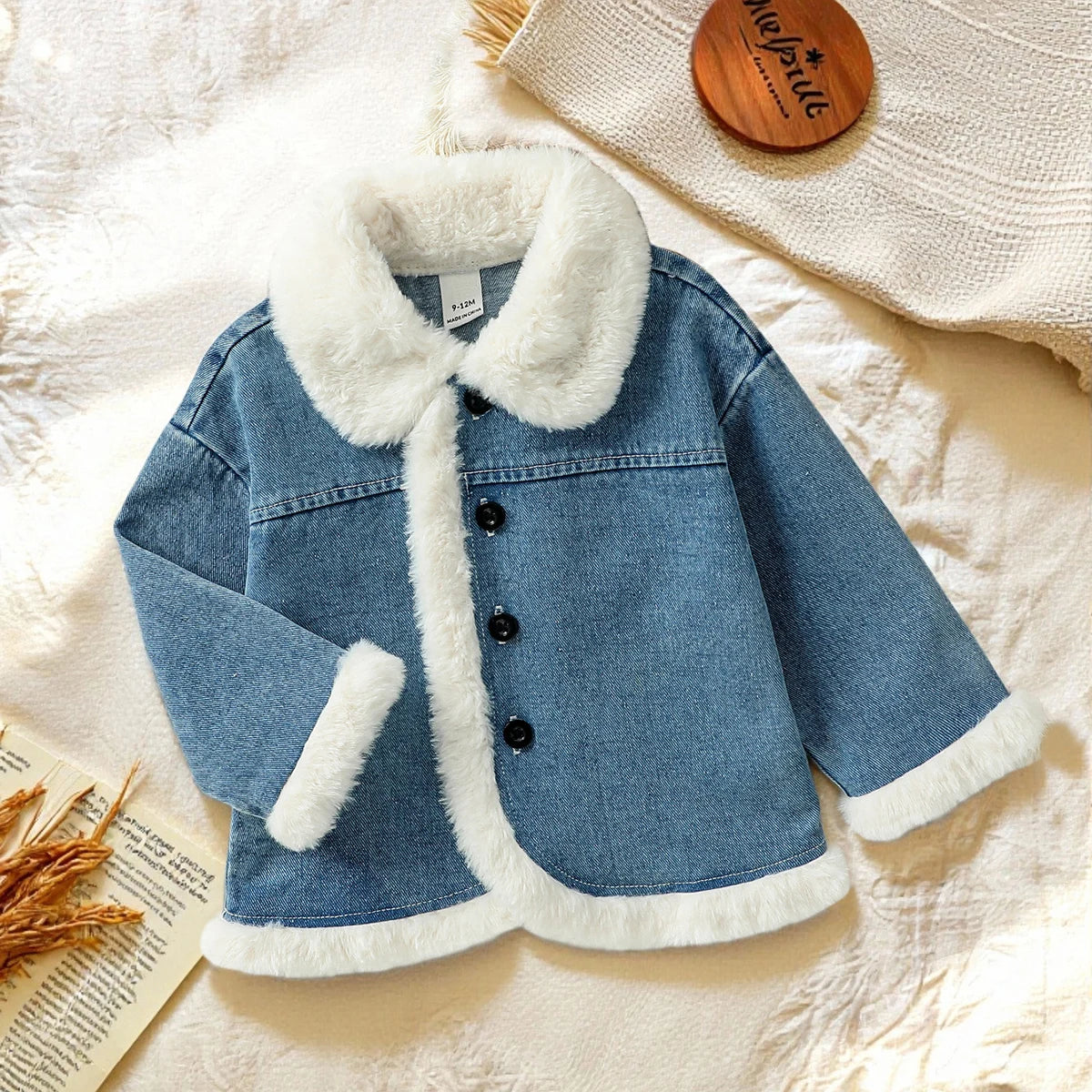 Baby Girl Fleece-Lined Denim Jacket with Button Front – Cozy Winter Coat (6 Months–3 Years)