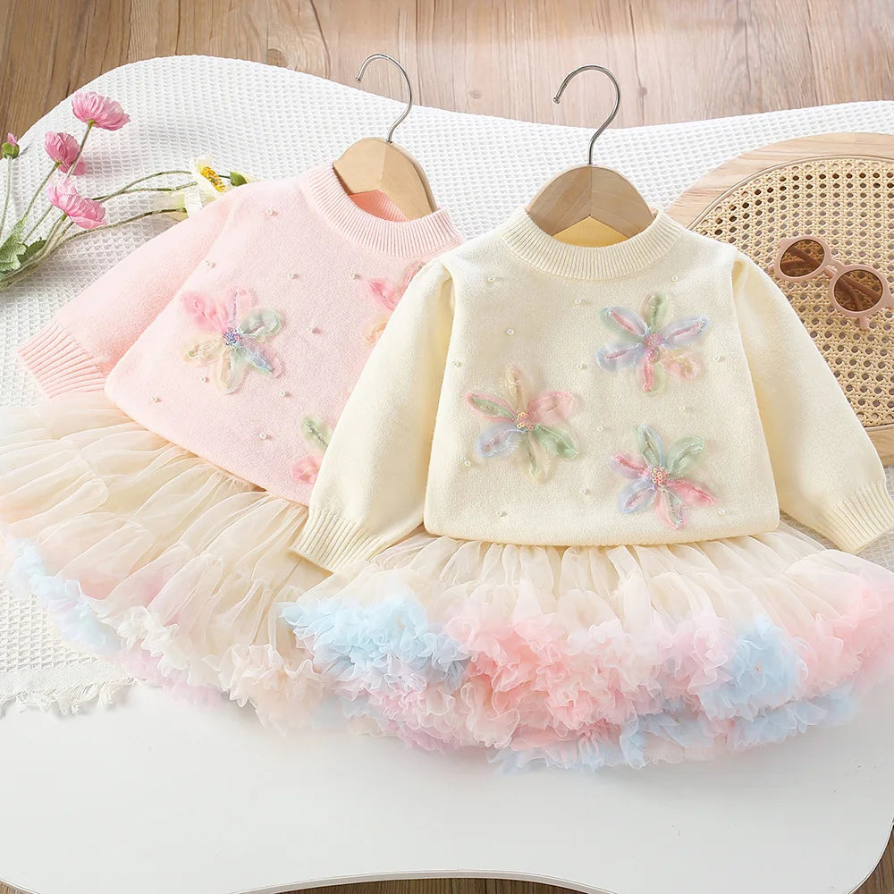 Pastel Petal Knit Sweater & Ruffle Tutu Skirt Set for Girls