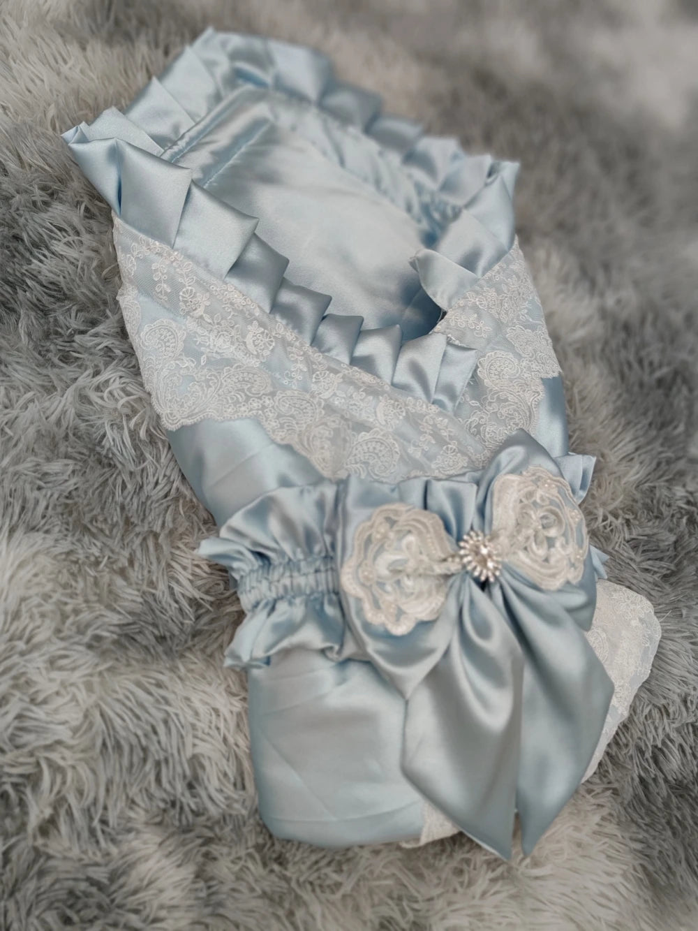 Lace-Trim Satin Baby Swaddle Blanket with Floral Bow