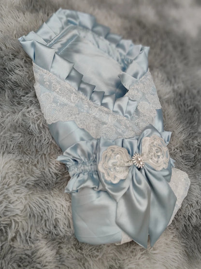 Lace-Trim Satin Baby Swaddle Blanket with Floral Bow