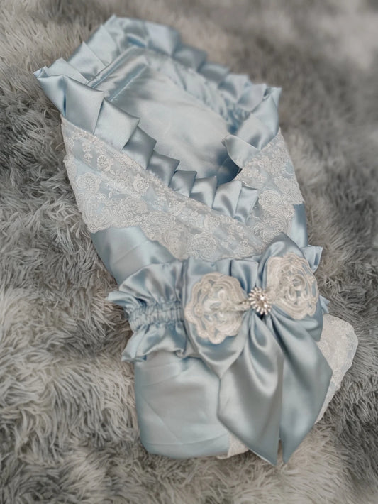 Lace-Trim Satin Baby Swaddle Blanket with Floral Bow