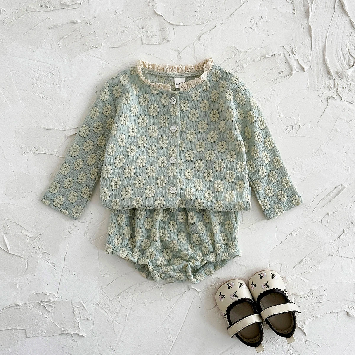 Textured Floral Button Top & Bloomer Set for Girls