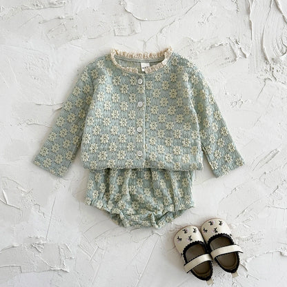 Textured Floral Button Top & Bloomer Set for Girls
