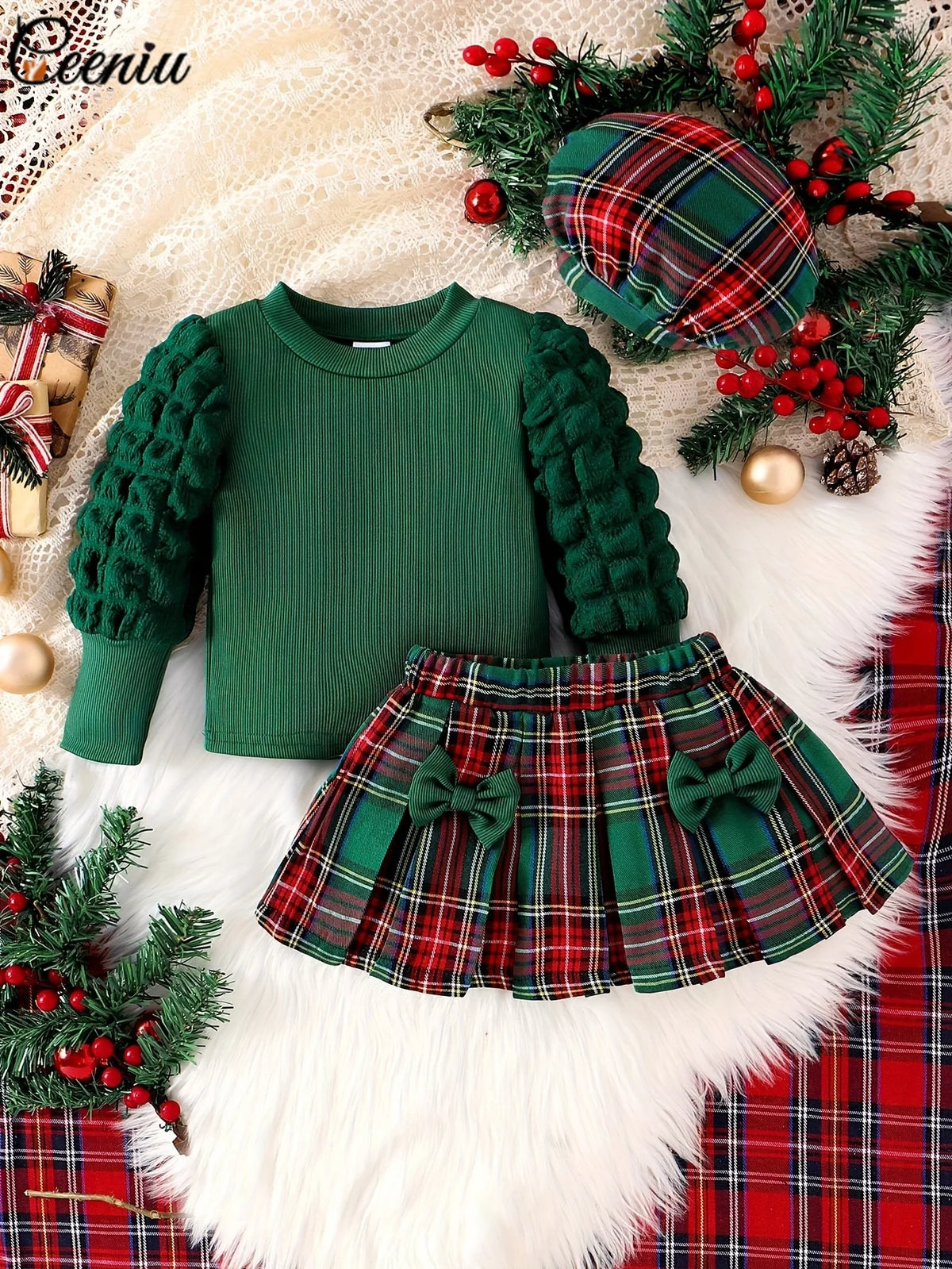 Festive Plaid Skirt & Textured Sleeve Christmas Outfit Set for Baby Girls