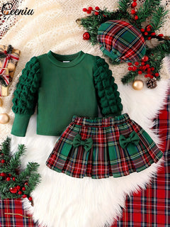 Festive Plaid Skirt & Textured Sleeve Christmas Outfit Set for Baby Girls
