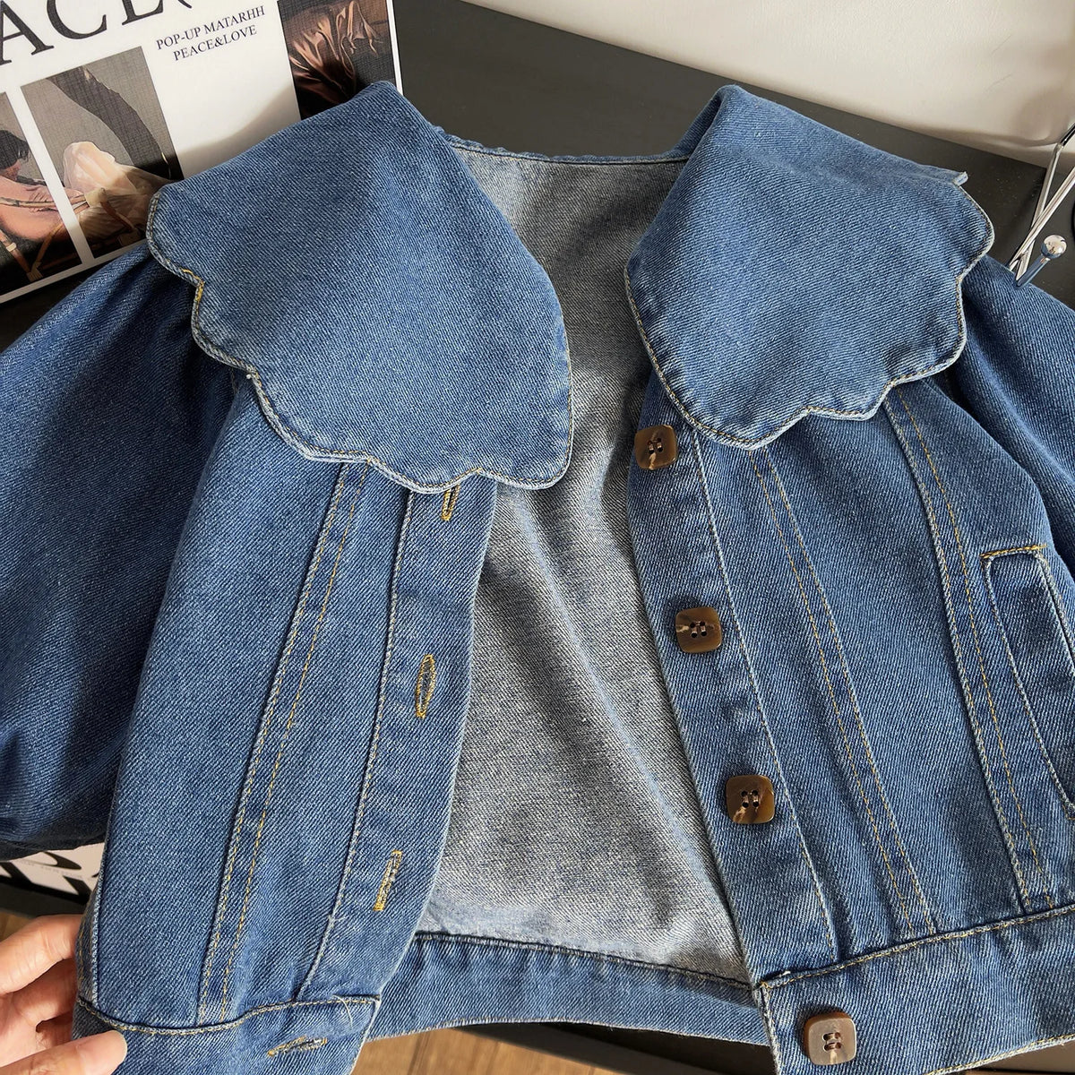 Scalloped Sailor Collar Denim Jacket for Girls