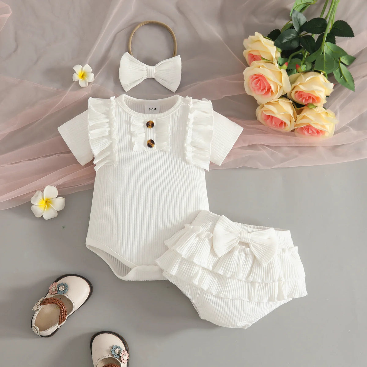 Ruffle-Sleeve Bodysuit, Printed Pants & Bow Headband Set for Baby Girls